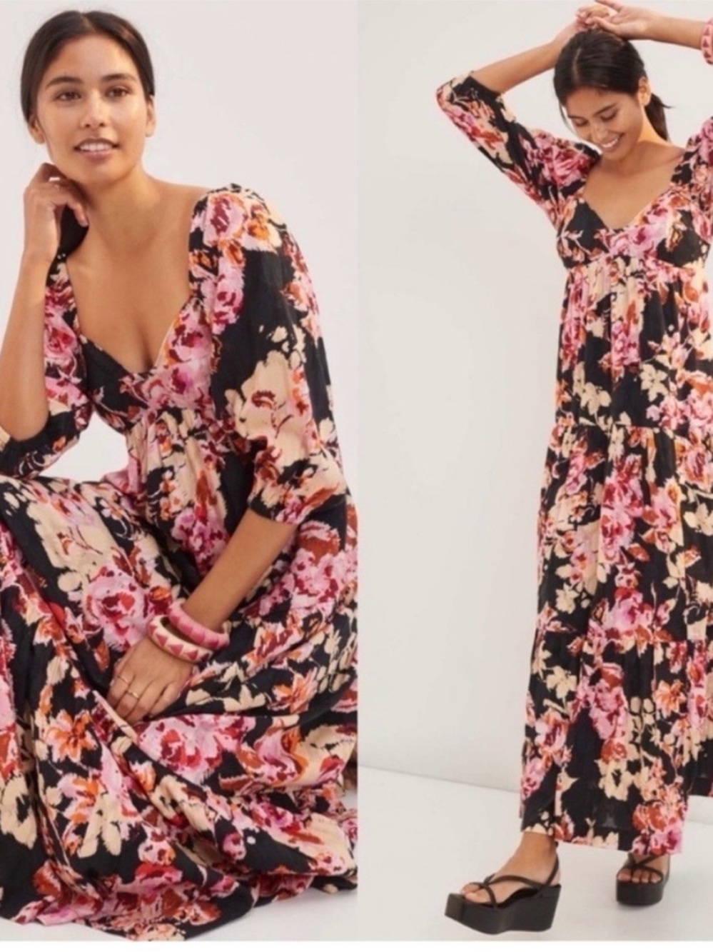 Anthropologie Blossom Black Tiered Maxi Dress with Pink & Cream Floral Print